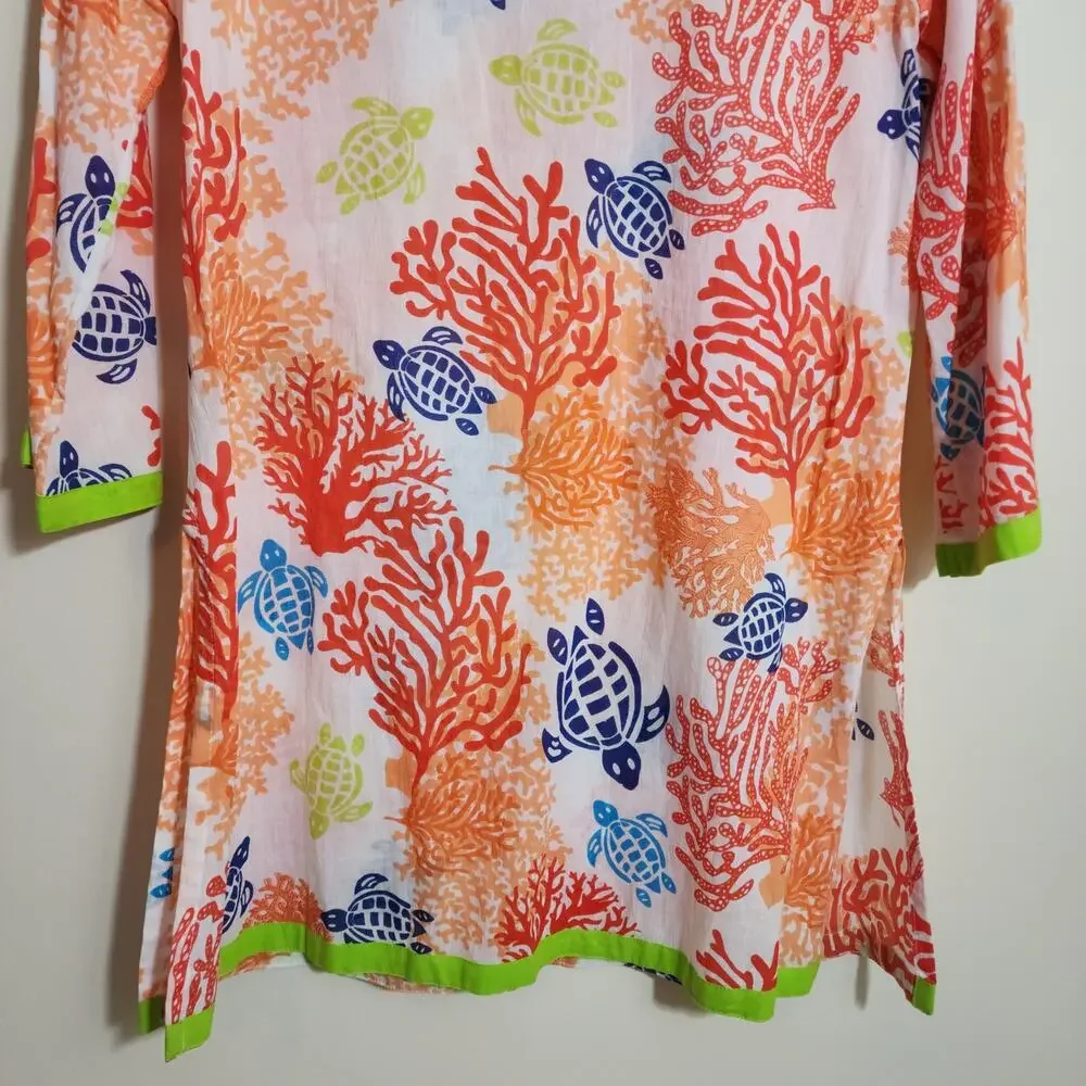 Peppermint bay colorful sea turtle coral print 3/4 sleeve swim coverup woman's S